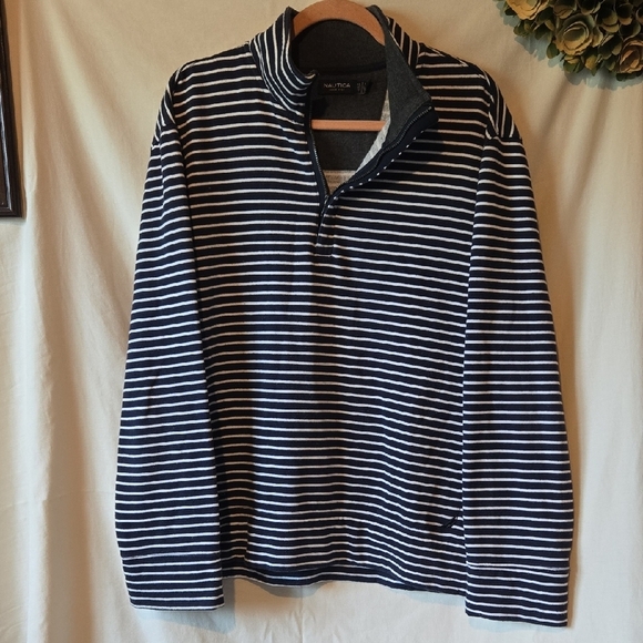 Nautica Men's Size Large Striped Navy and White Half-Zip Collar Sweater - Picture 1 of 6